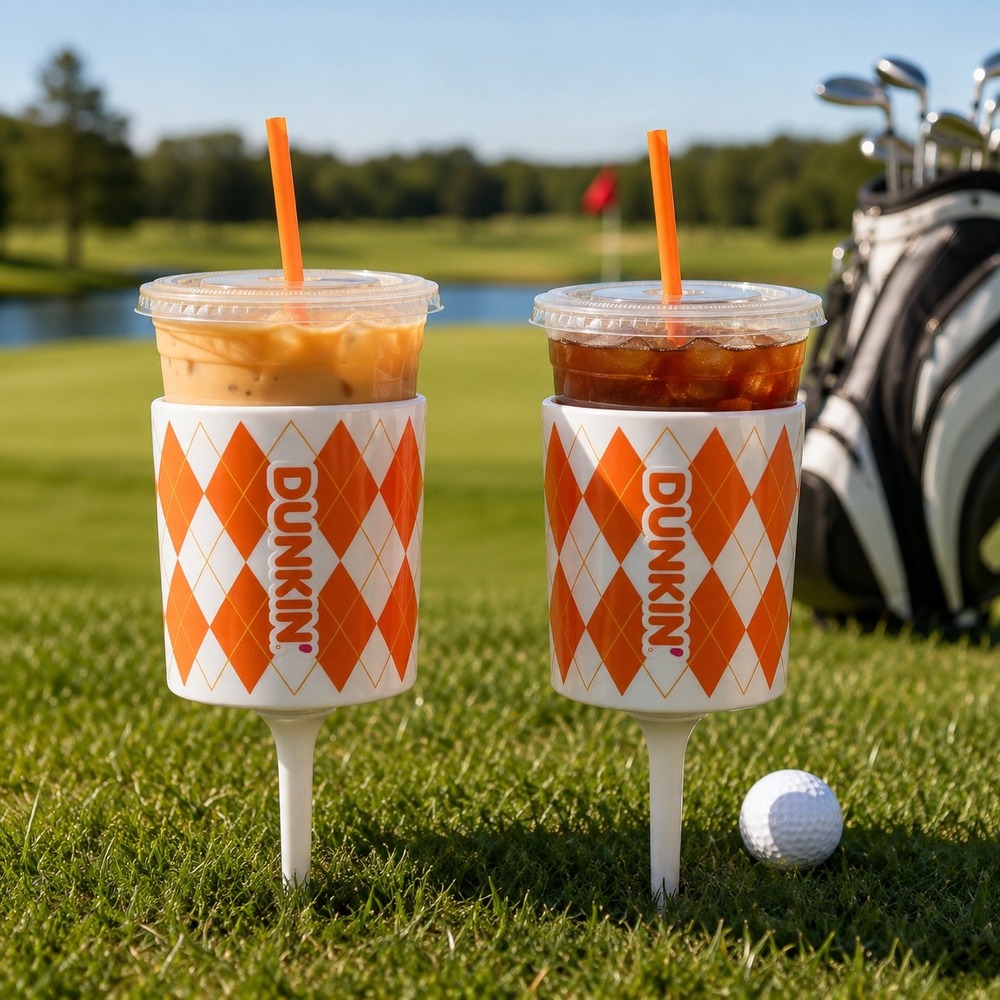 Dunkin 2026 Tee Cup Holders Golf Drink Stake Orange Argyle Lot 2 Limited Promo